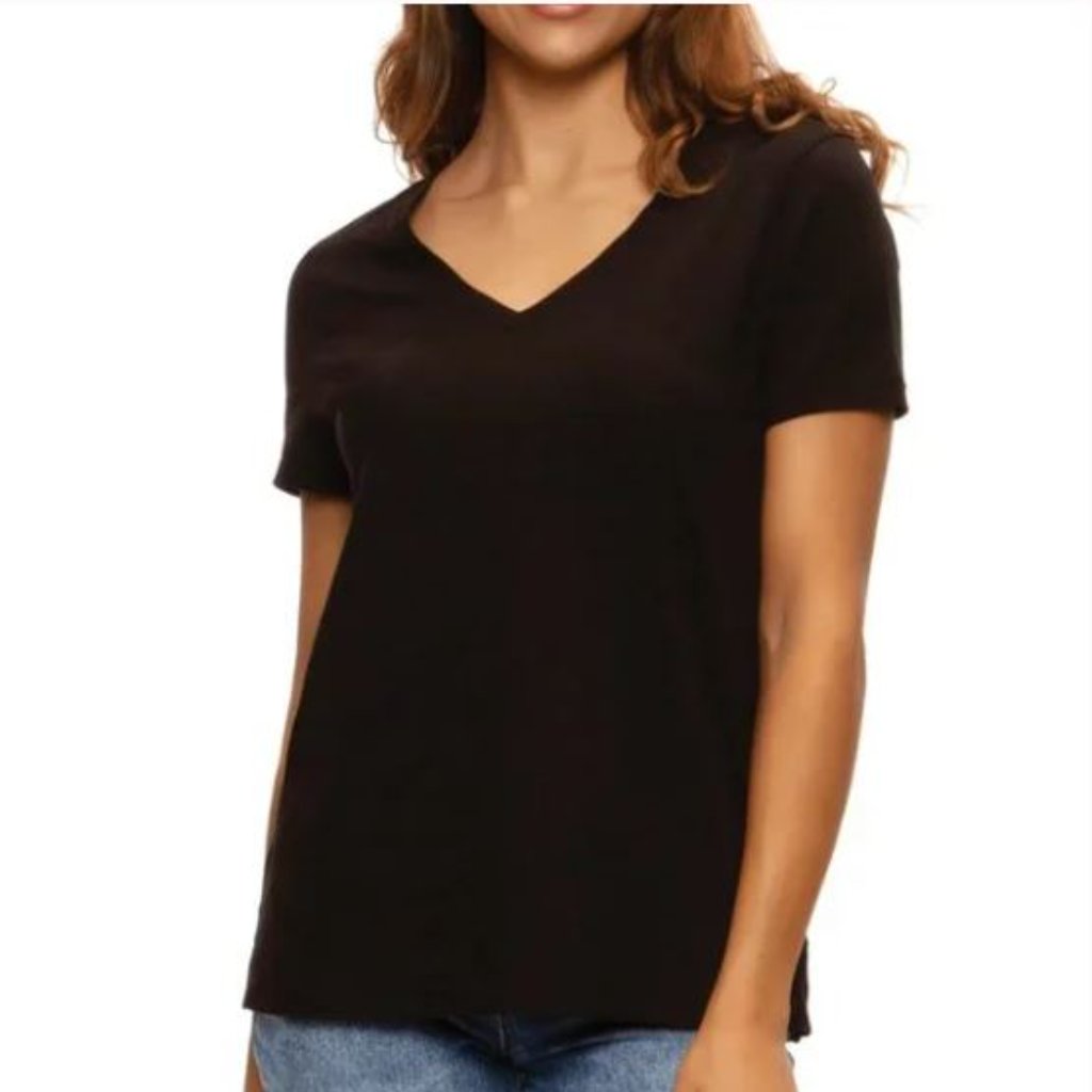 Nwt Felina Women's Cozy Everyday Short Sleeve V-Neck T Shirt Size M Black